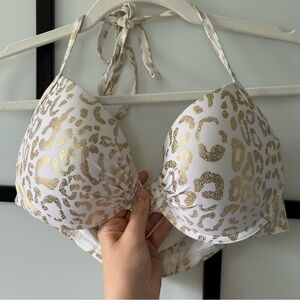 [L] White On Gold Cheetah Print Halter Tie Push Up Swim Bra Bikini Top 34/36/C/D